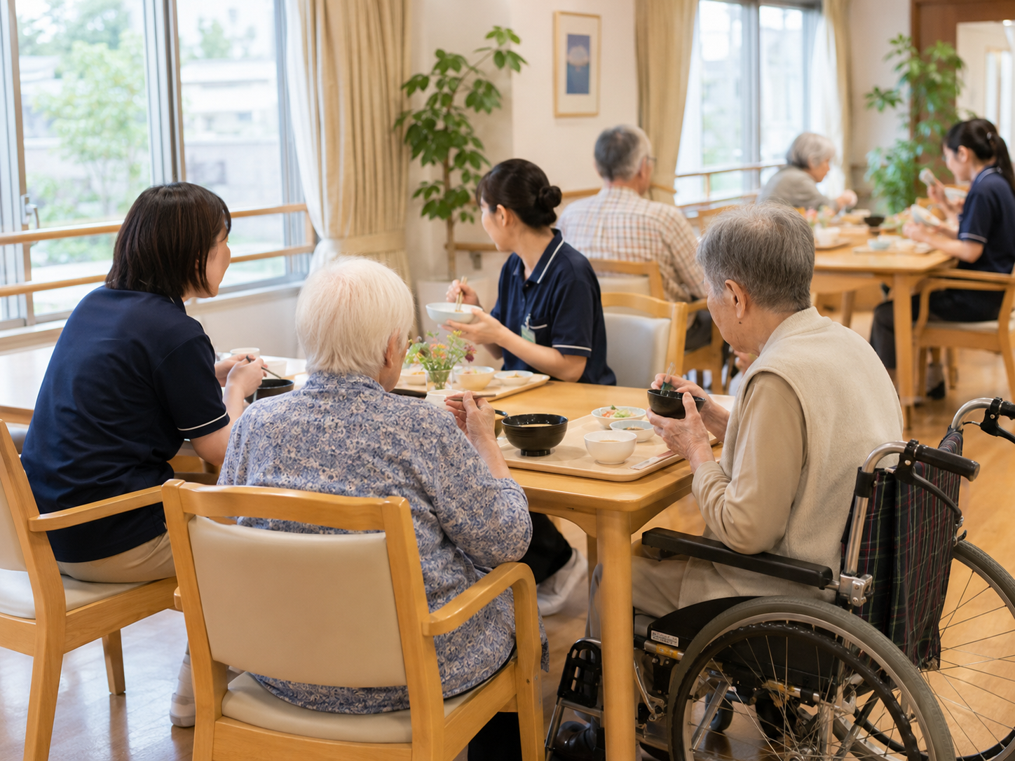 介護施設のデイルームで利用者と職員がテーブルを囲んで昼食をとる穏やかな場面