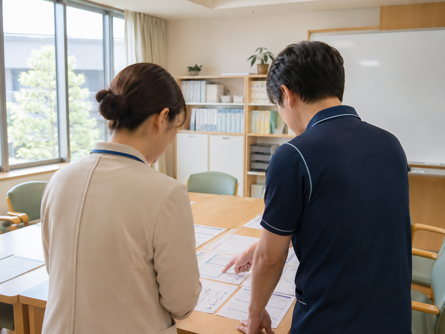 日本の介護施設の明るいカンファレンスルームでケアマネージャーと理学療法士がケアプランの書類を一緒に確認している場面
