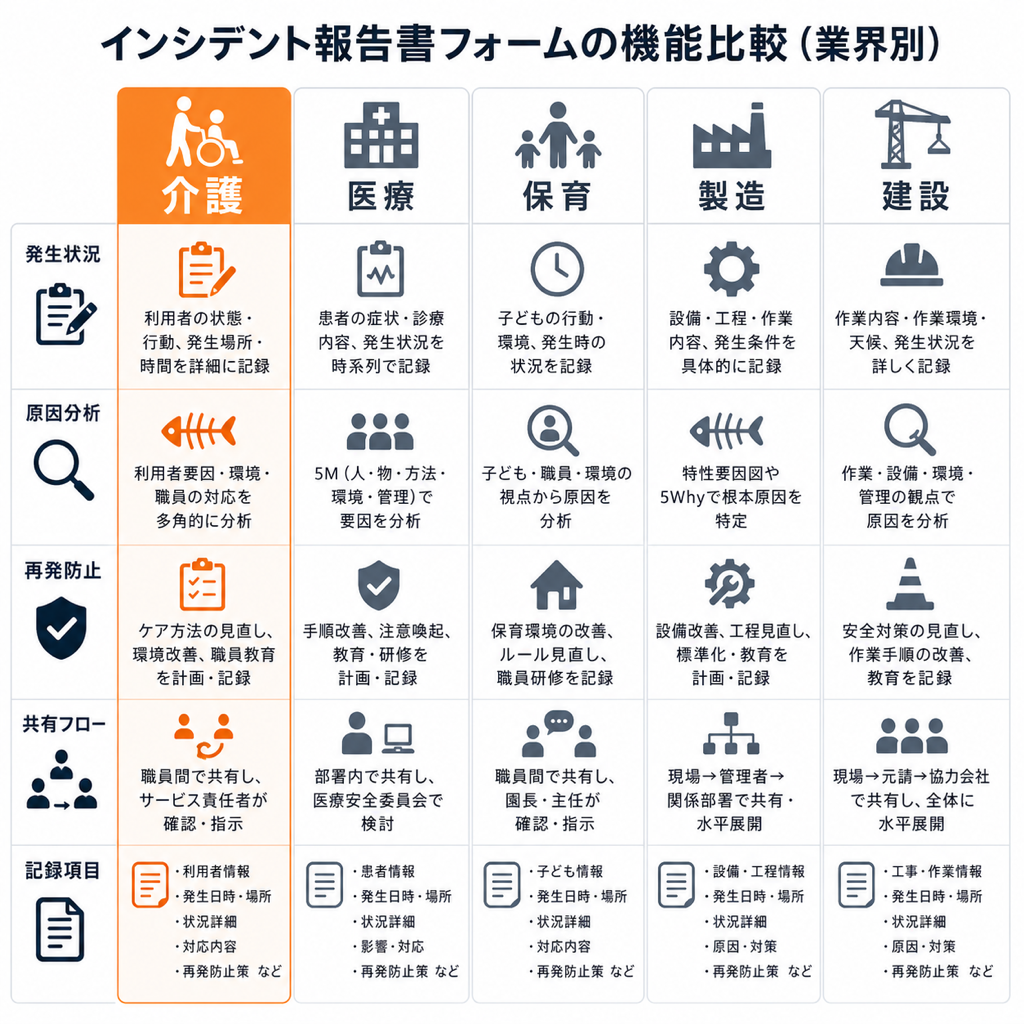 介護・医療・保育・製造・建設の5業界の報告書フォーマット比較図(介護列を強調)