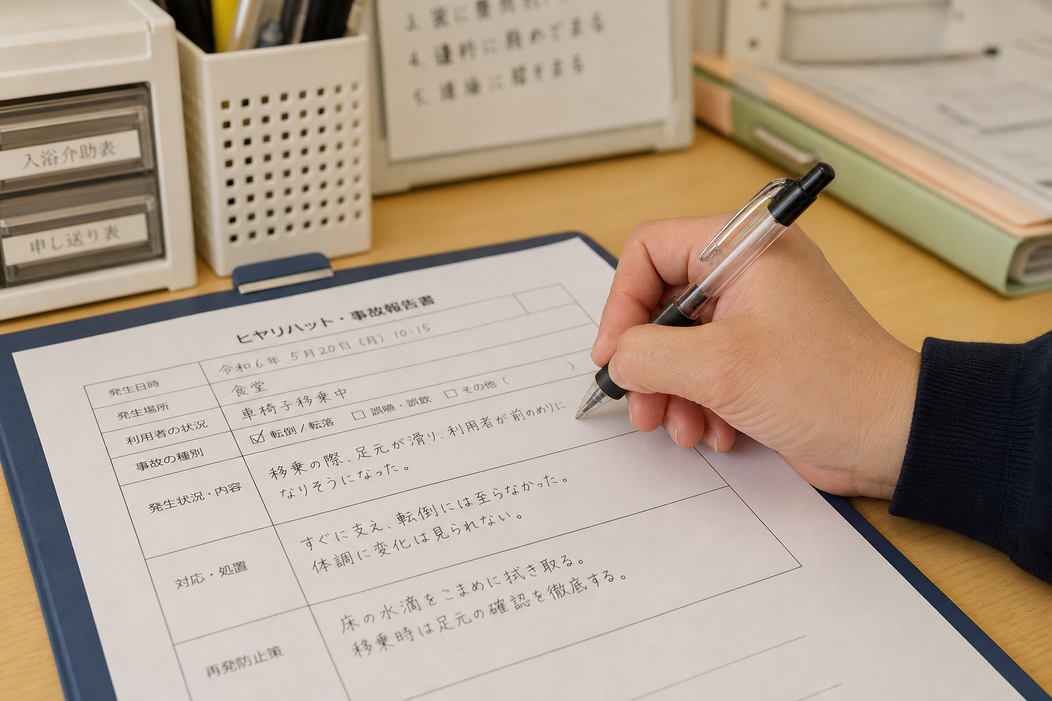紙の報告書用紙にペンで項目別に記入する介護士の手元