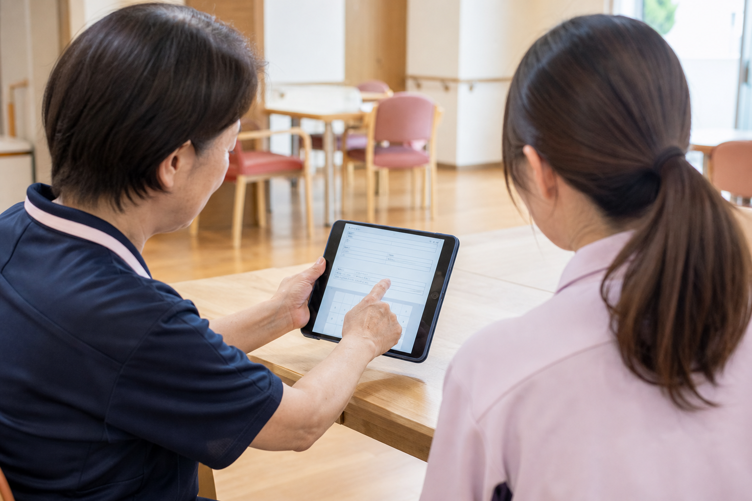 ベテラン介護福祉士が新人職員にタブレット上の報告書フォーマットの記入を指導する様子