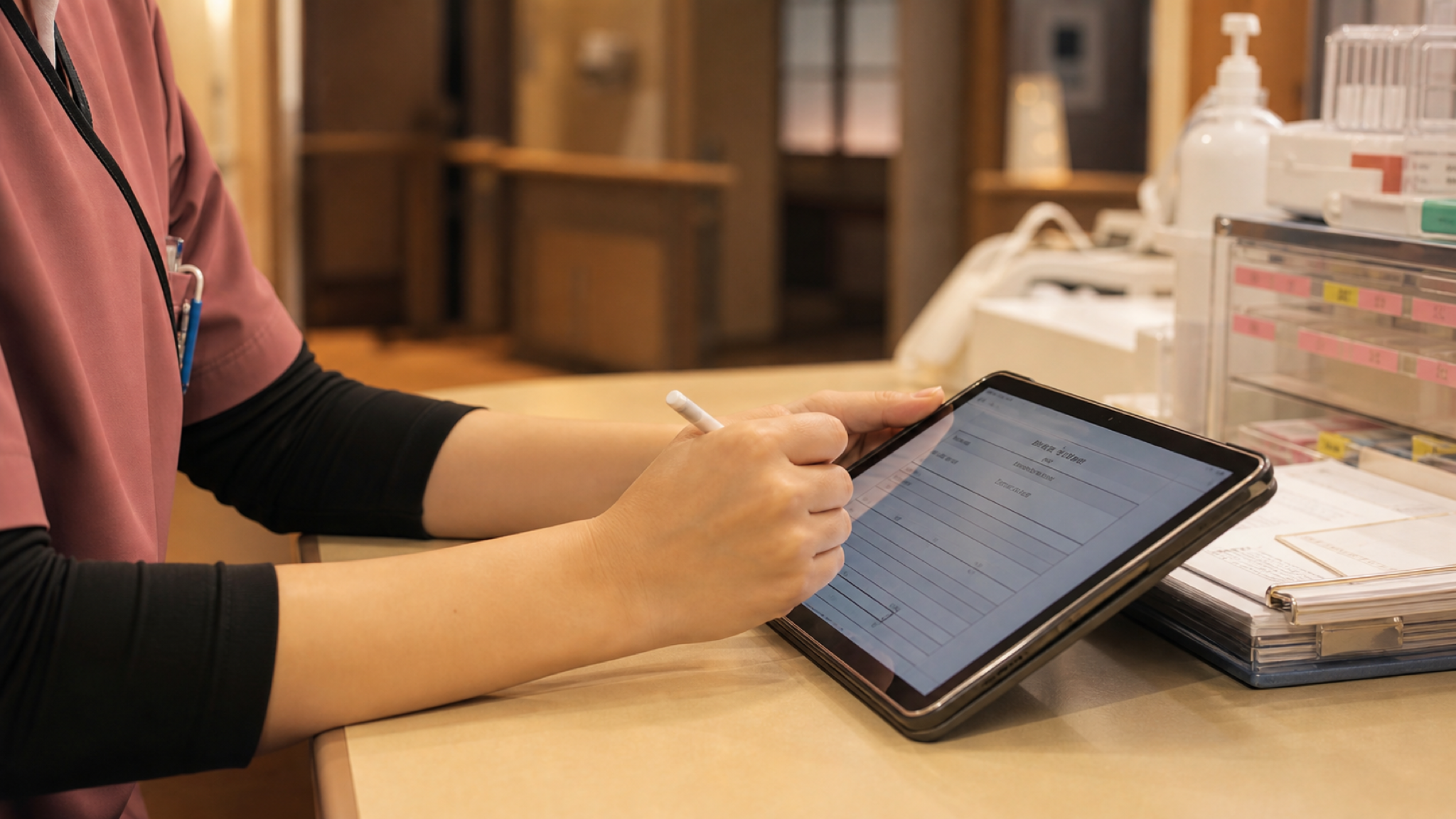 夜勤帯のナースステーションでタブレットにヒヤリハット報告書を記入する介護士の手元