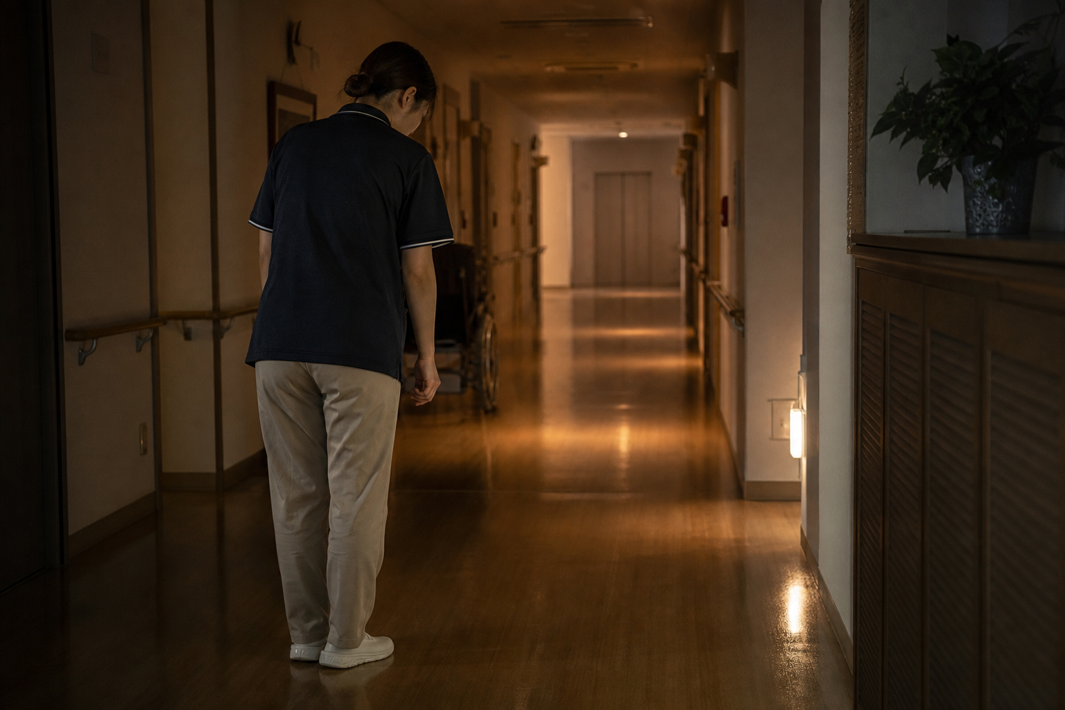 薄暗い夜勤フロアを見回りする介護士の後ろ姿