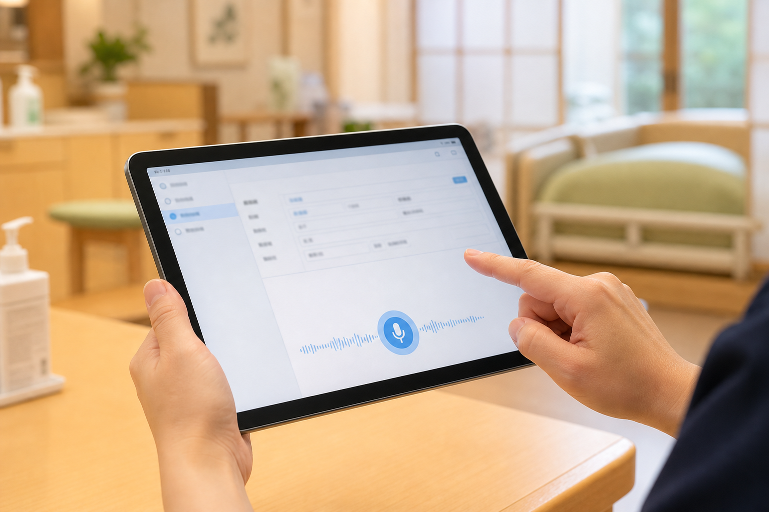 タブレットでAI音声入力しヒヤリハット報告書を作成する介護士の手元