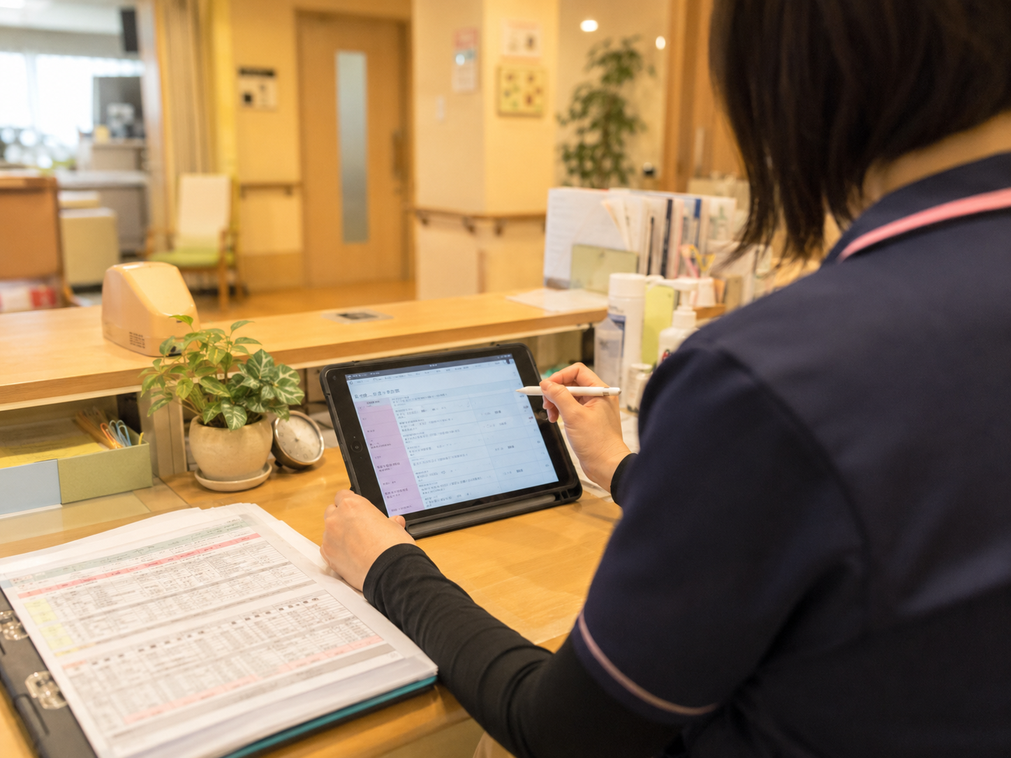 特別養護老人ホームのナースステーションで介護福祉士がタブレットに介護記録を入力する日本の手元