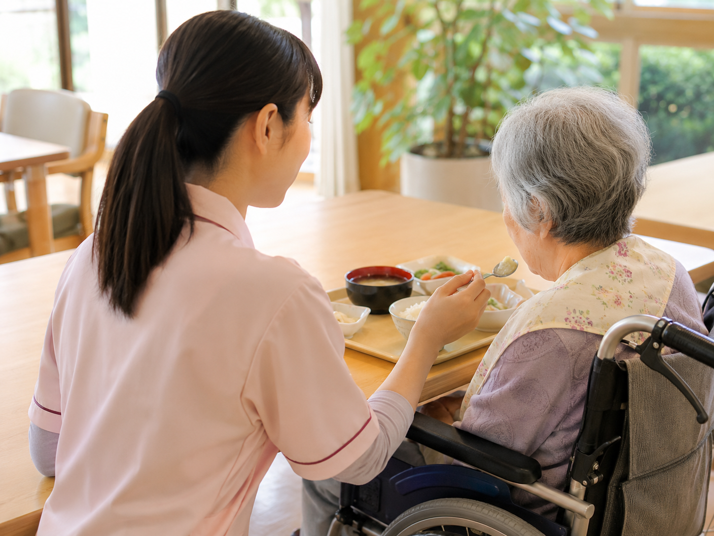 日本の介護施設の明るい食堂で介護福祉士が車椅子の高齢女性に食事介助を見守る場面