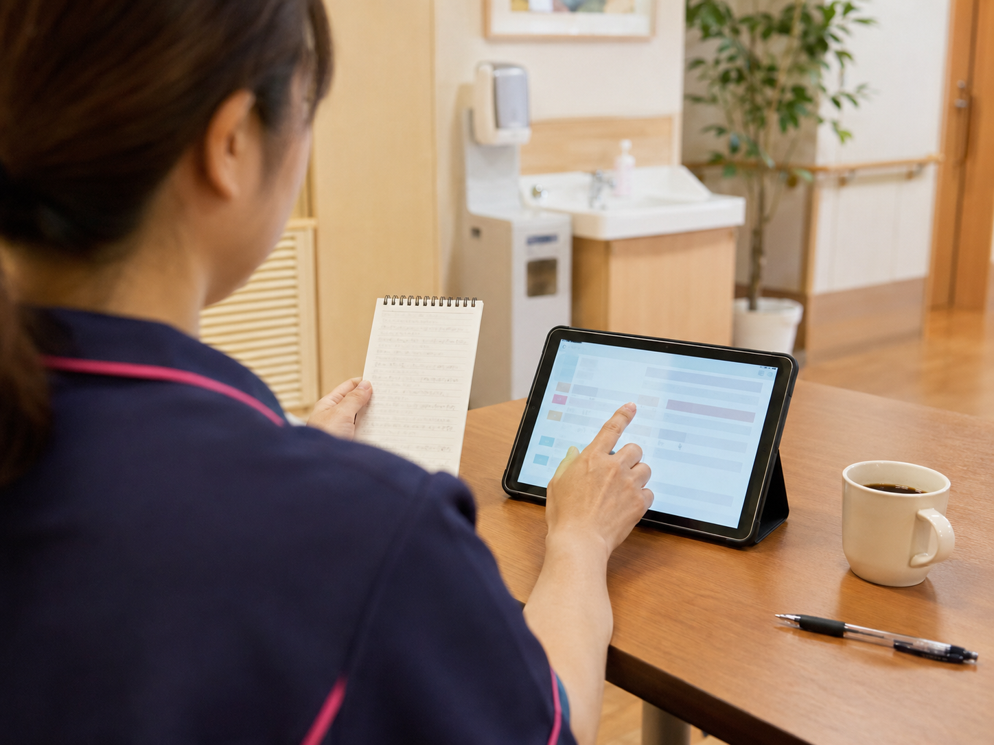 日本の介護施設の休憩スペースで介護士がメモ帳とタブレットを見比べながら介護記録を清書している場面