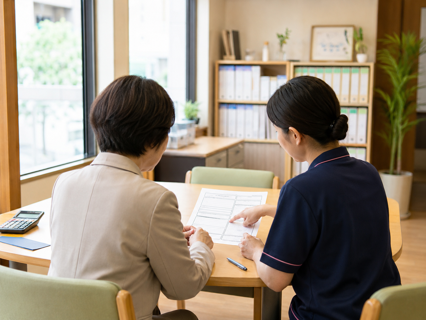 介護事業所の会議室で処遇改善計画書を確認する介護主任と職員の様子