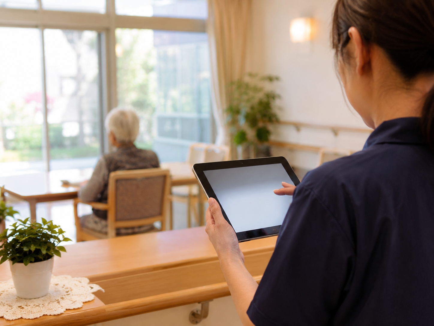 介護施設で職員がタブレットを使って介護記録を入力する様子